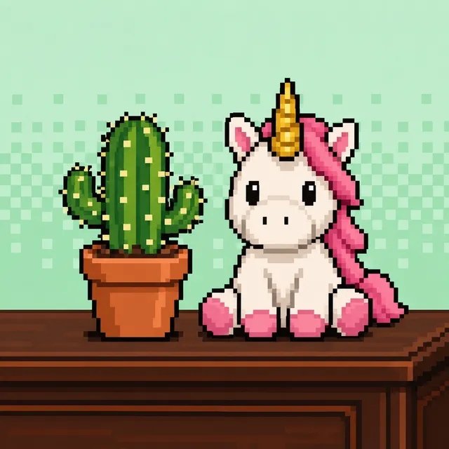 A pixel-art cactus and a unicorn plushie