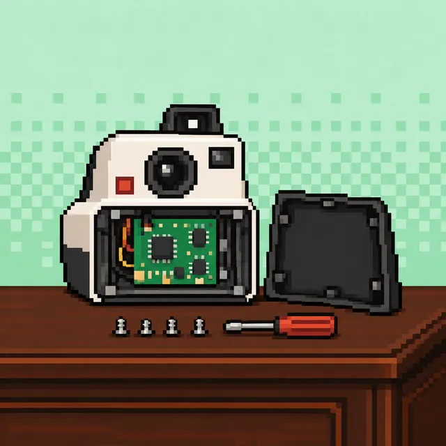 A pixel-art instant camera with its back off