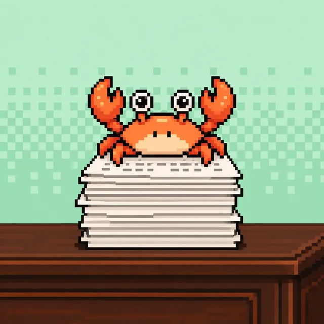 A pixel-art orange crab on a stack of paper