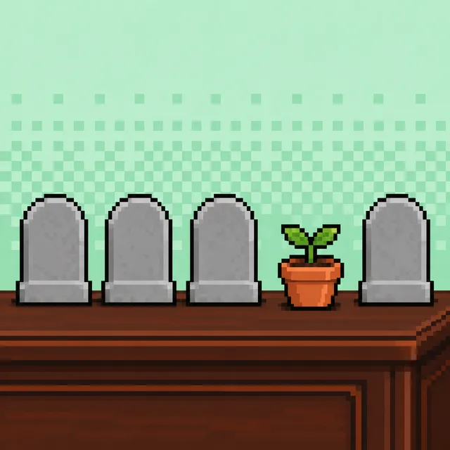 Four pixel-art gravestones and a seedling in a pot