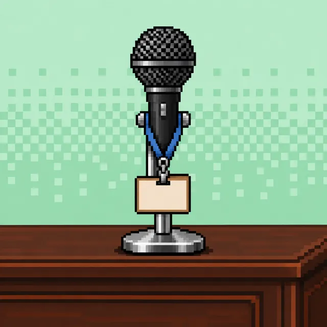 A pixel-art microphone with a conference badge