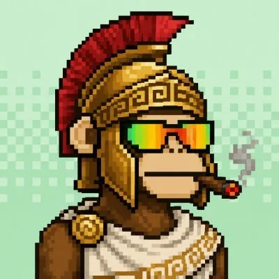 Pixel-art ape in a Roman centurion helmet, rainbow shades, smoking a cigar