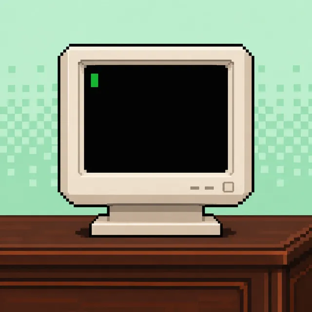 A pixel-art beige CRT with one green cursor