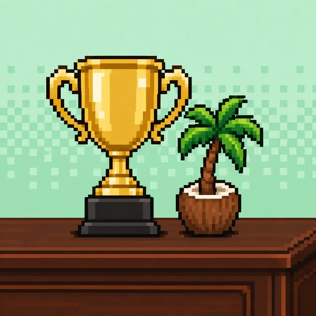 A pixel-art trophy and a palm tree